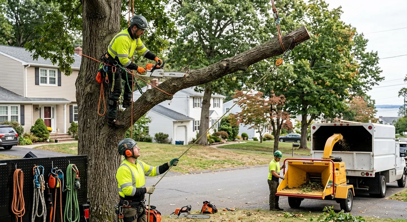 Tree crew clearing dense brush from a residential Milford property lot