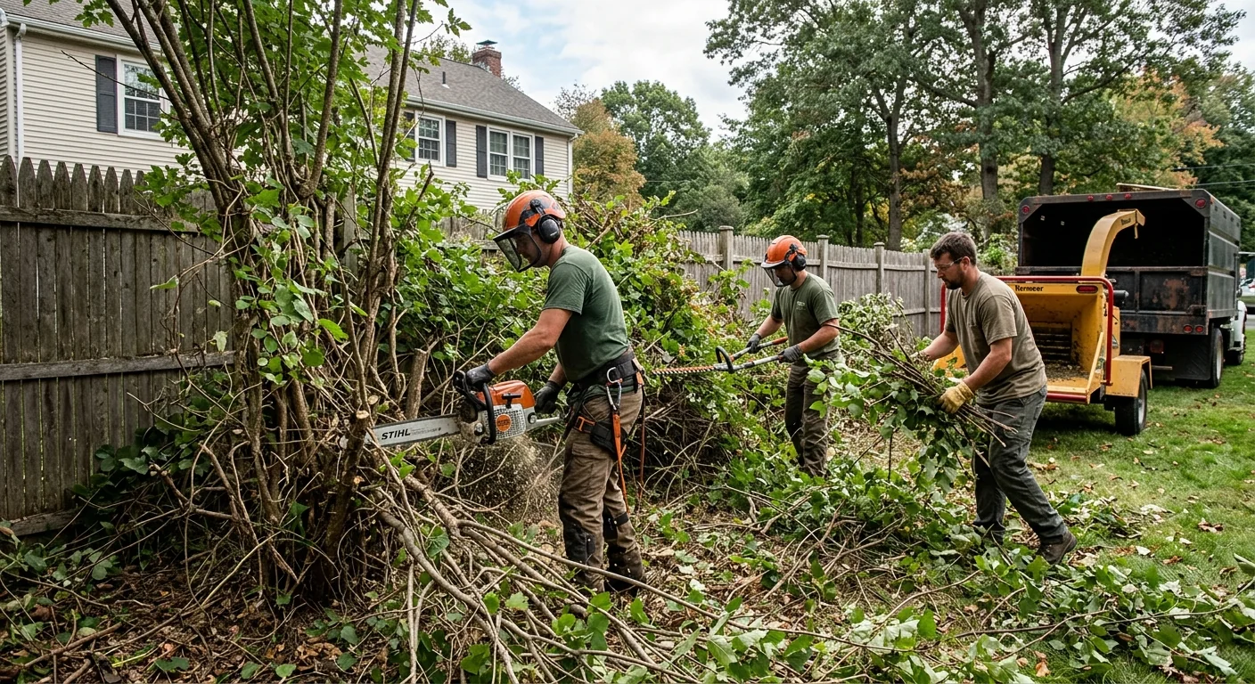 Overgrown backyard thicket before brush clearing on a residential Milford property