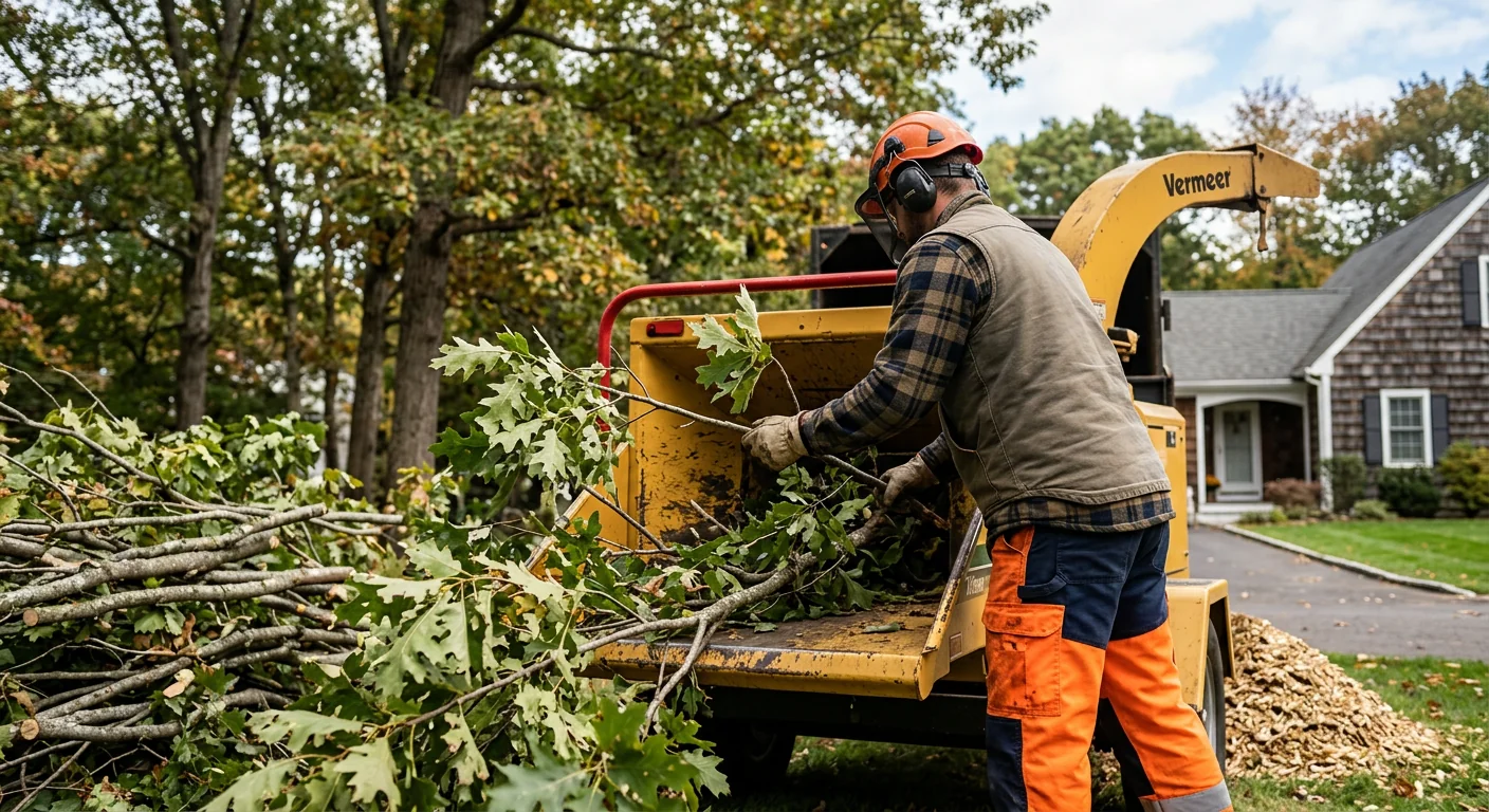 Technician feeding cut branches into a commercial wood chipper on site
