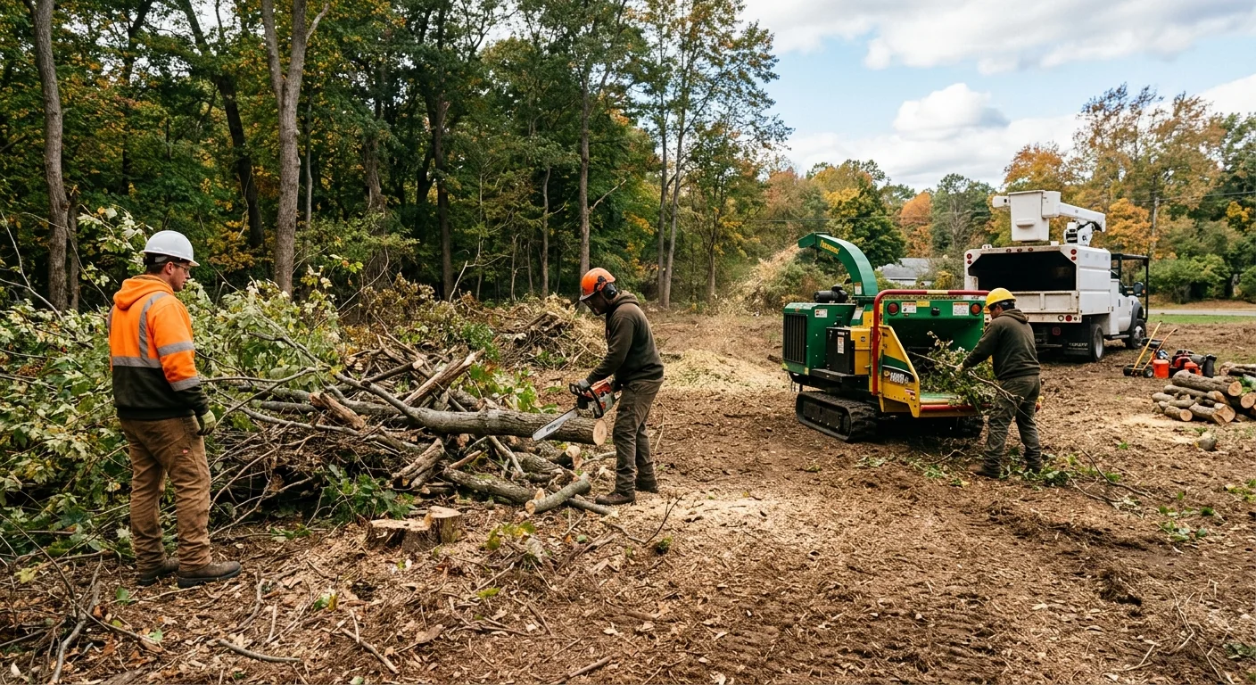 Wide shot of a cleared wooded lot after brush removal in Milford