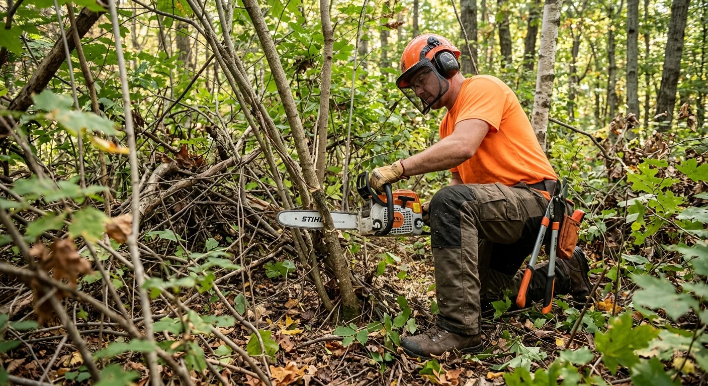 Close-up of dense underbrush and saplings targeted for cutting
