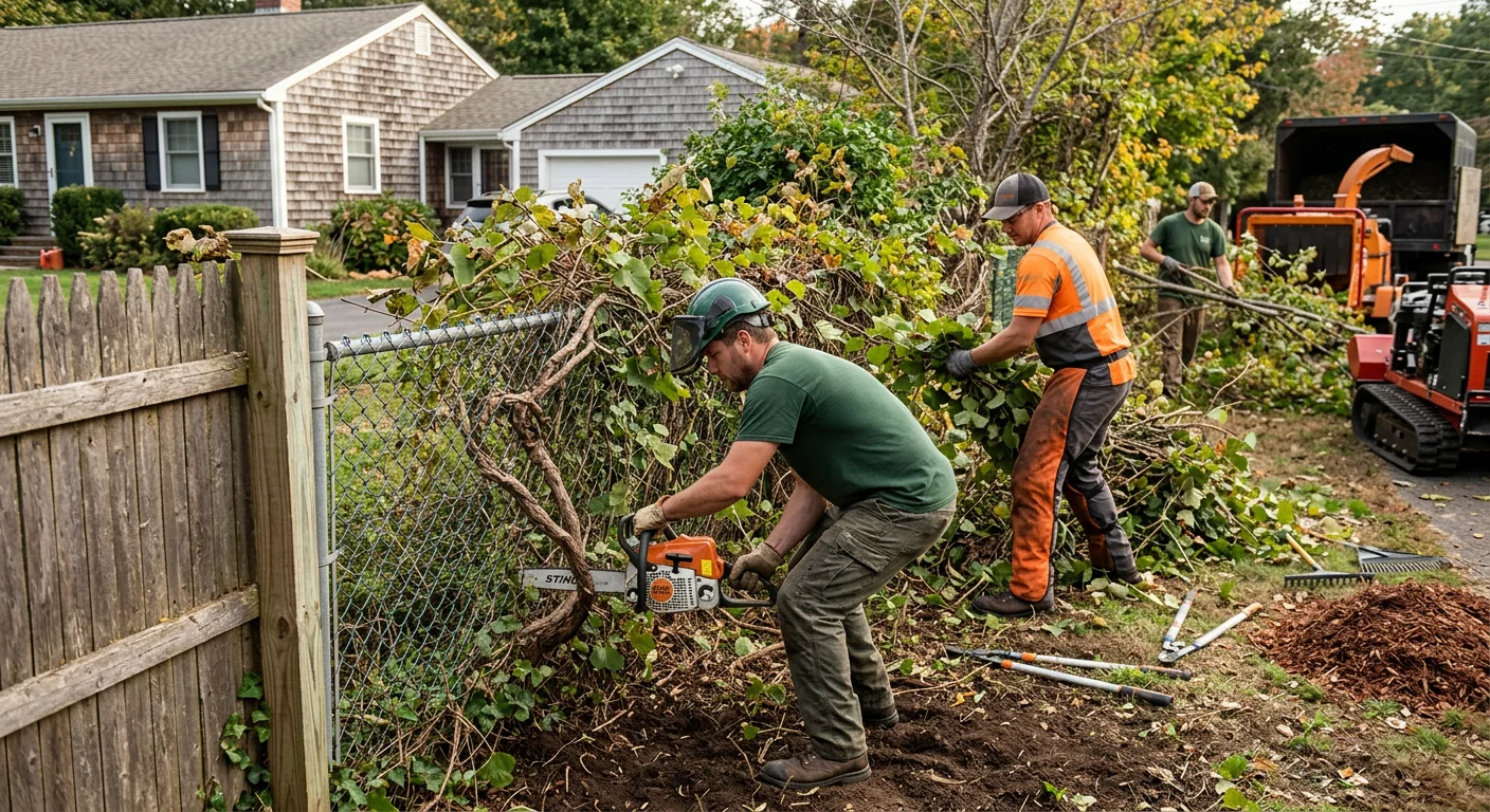 Crew clearing tangled vegetation along a residential fence line