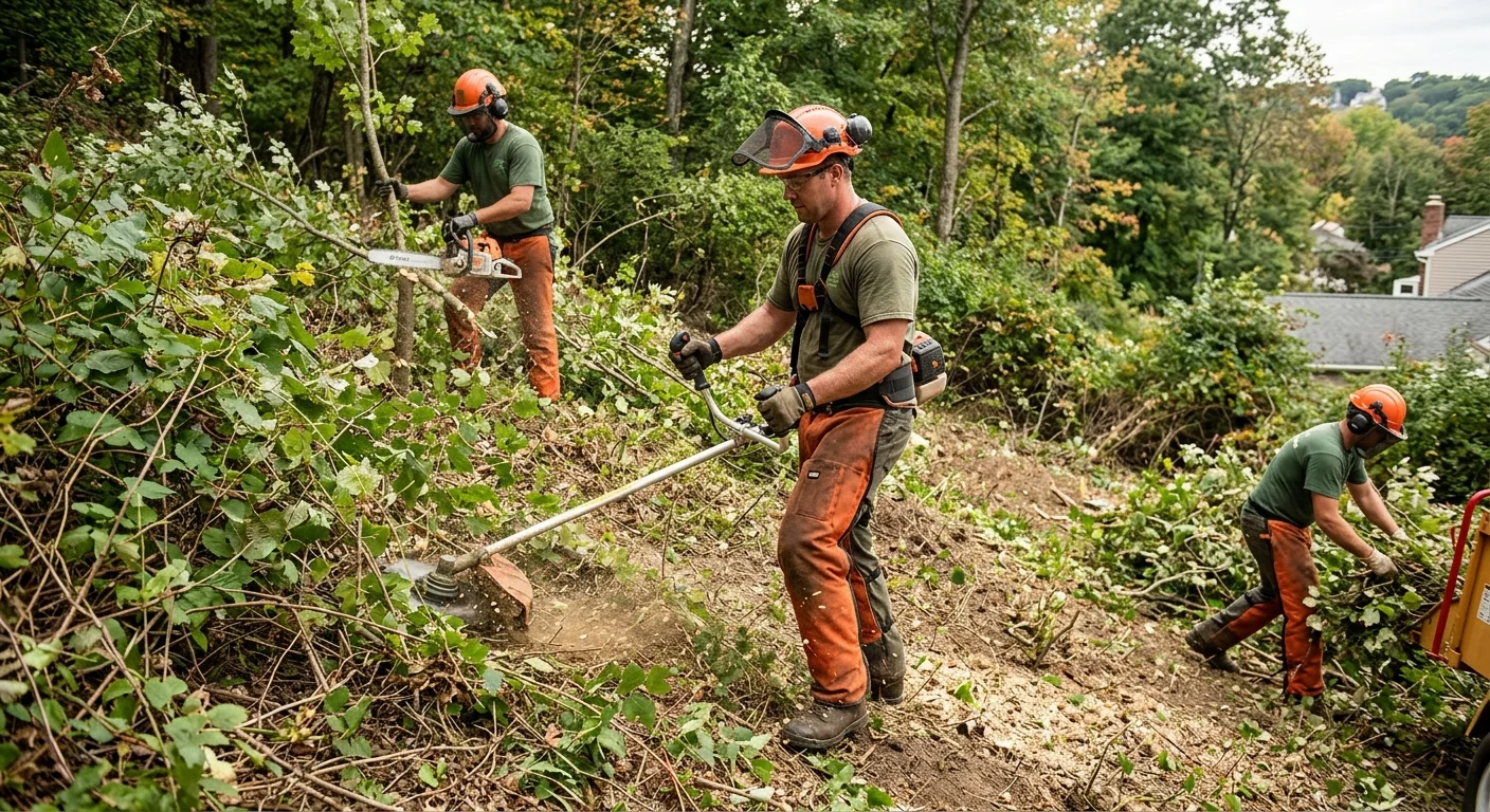 Sloped lot with heavy brush being cleared using handheld cutting equipment