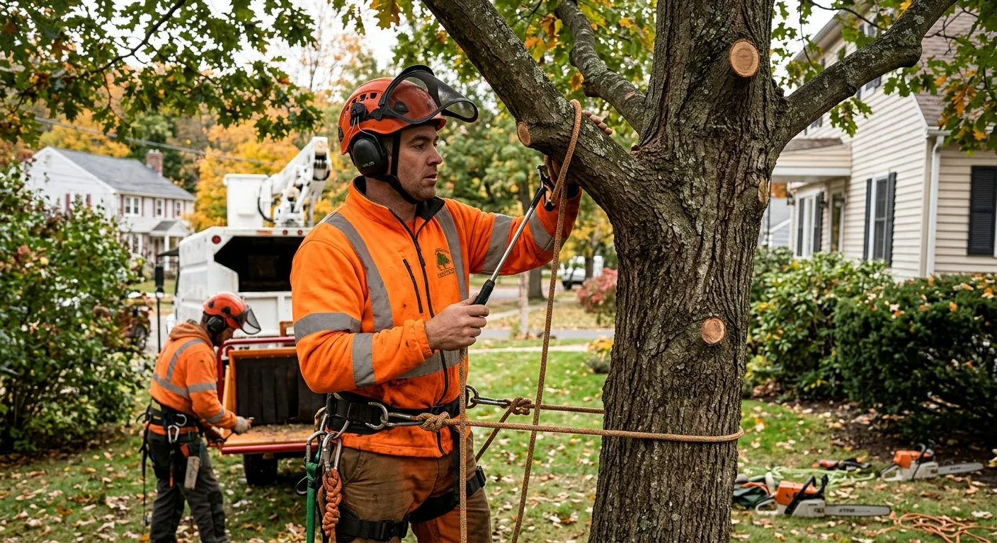 Tree crew clearing dense brush and feeding a chipper on a Milford property