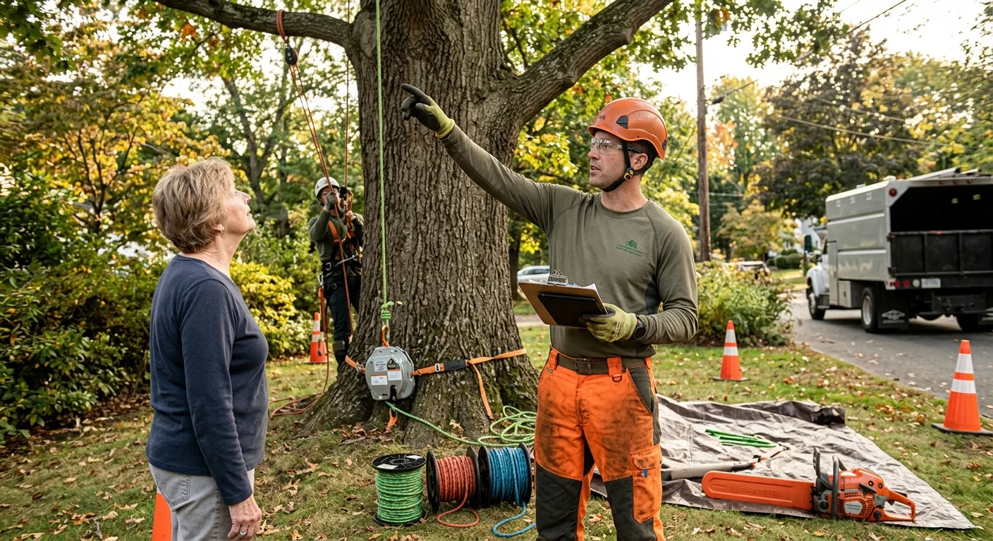 Arborist reviewing crane setup and pricing estimate beside a large tree in Milford