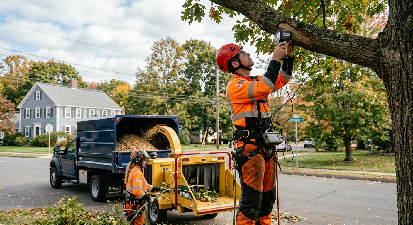 Mobile crane lifting a large tree section over a Milford backyard during removal