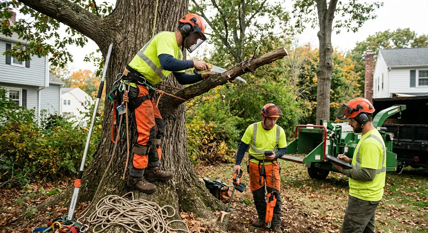 Storm-damaged leaning tree near a Milford home marked for crane removal