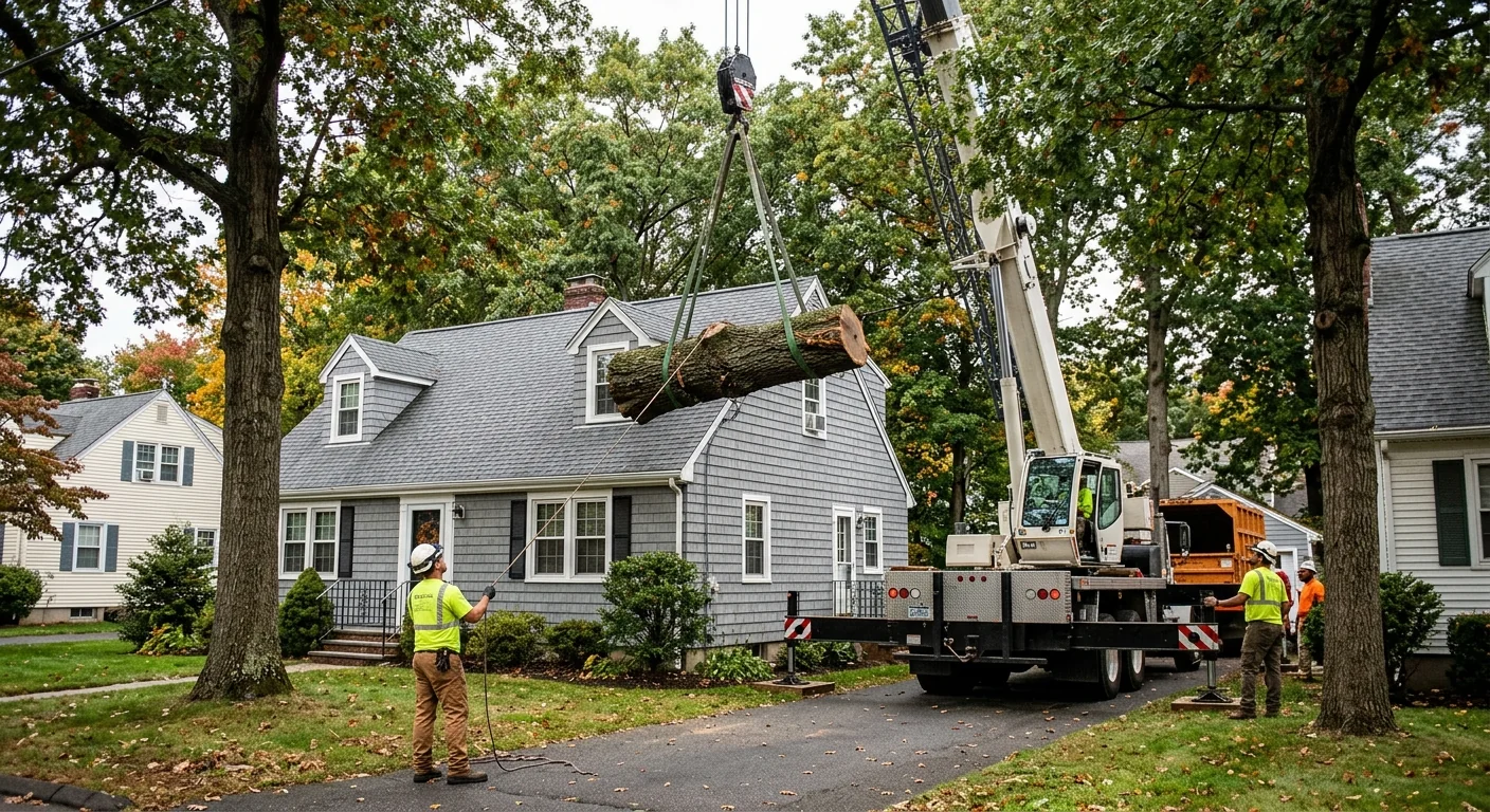 Crane lifting a large oak section over a residential roof in Milford