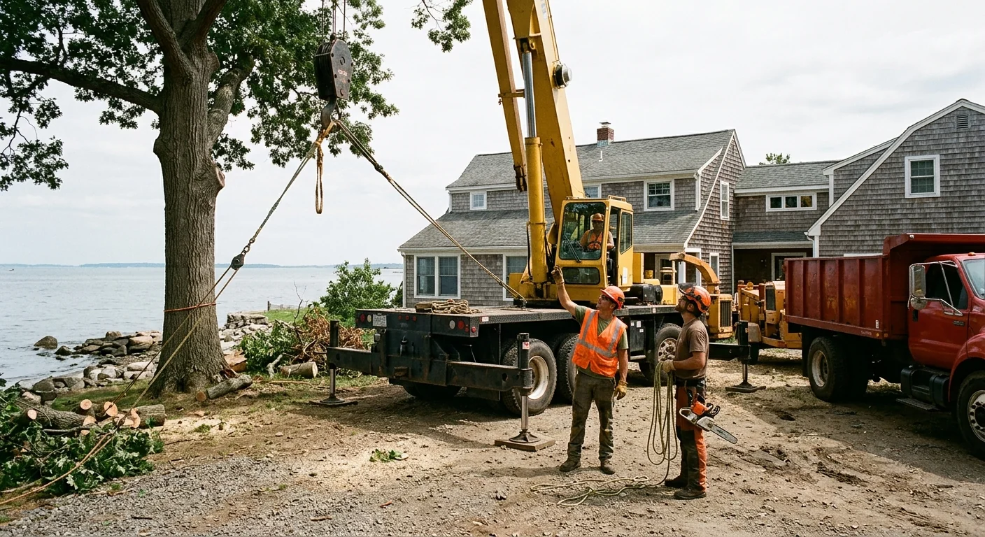 Wide shot of crane positioned on a compact shoreline lot before removal