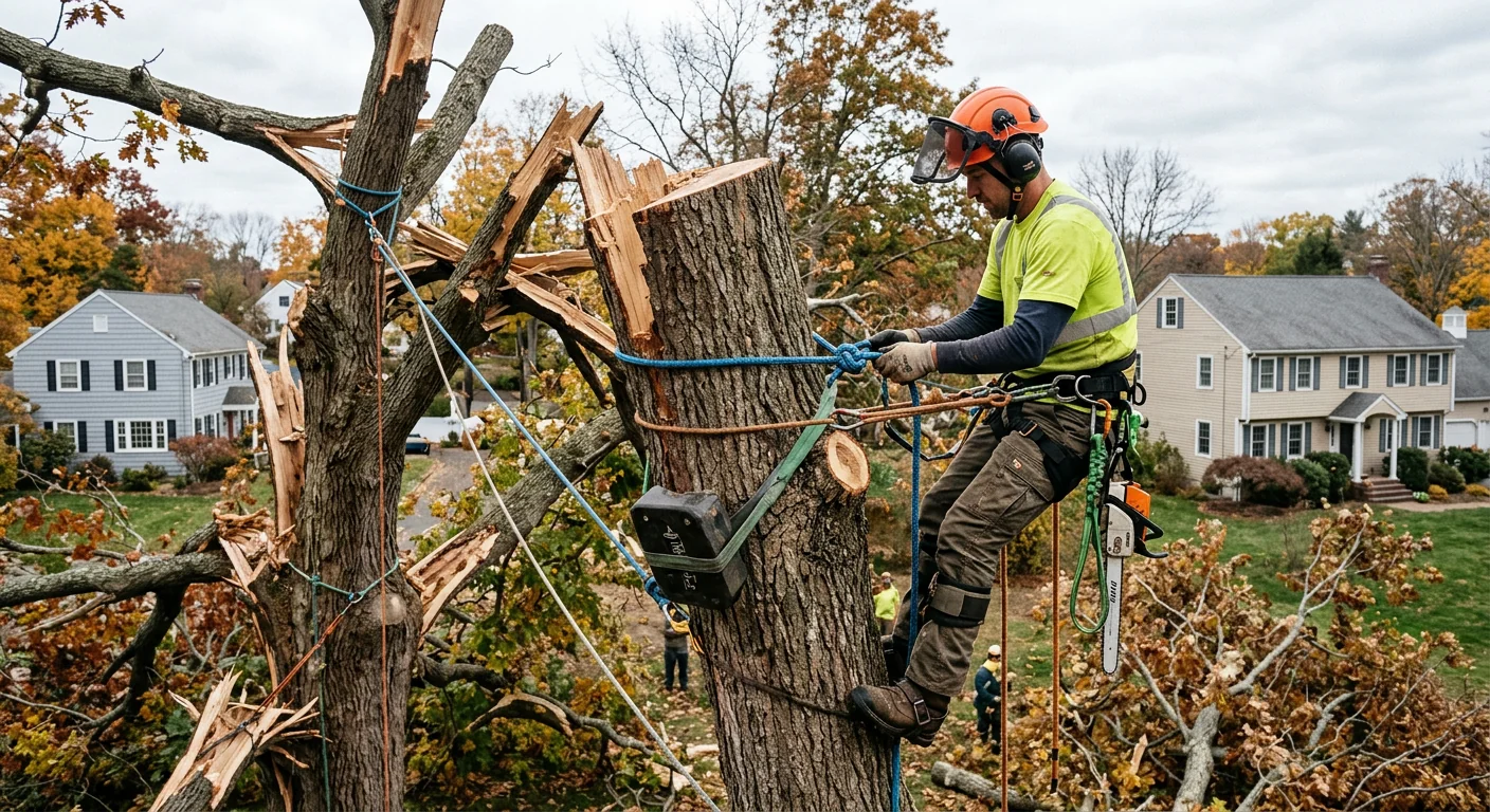 Arborist rigging a trunk section high in a storm-damaged tree