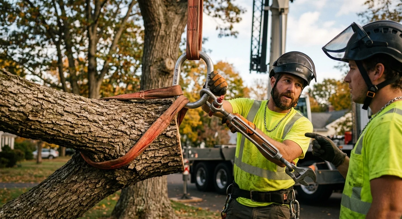 Close-up of crane rigging hardware secured around a hardwood limb