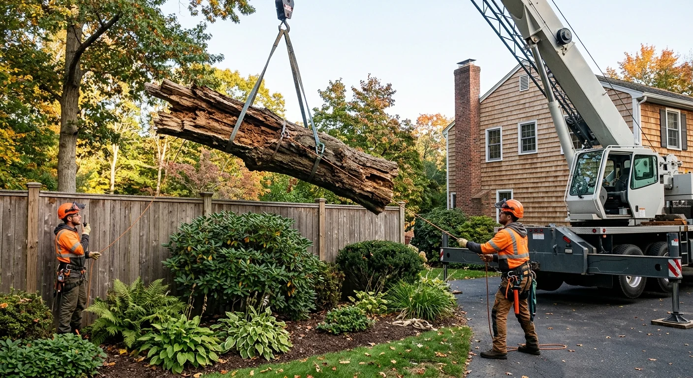Decayed trunk being lifted clear of a fence and landscaping