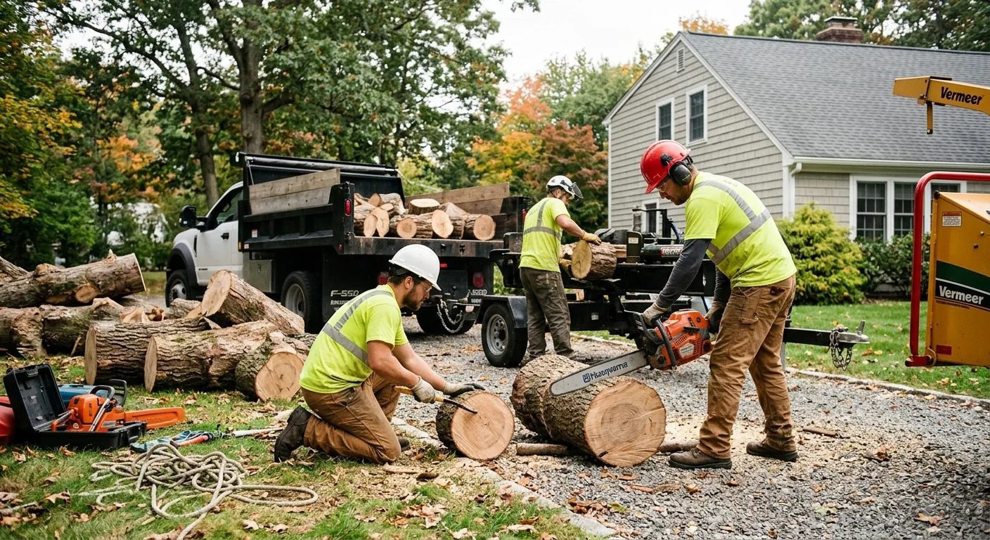 Ground crew processing lowered wood sections in a staging area