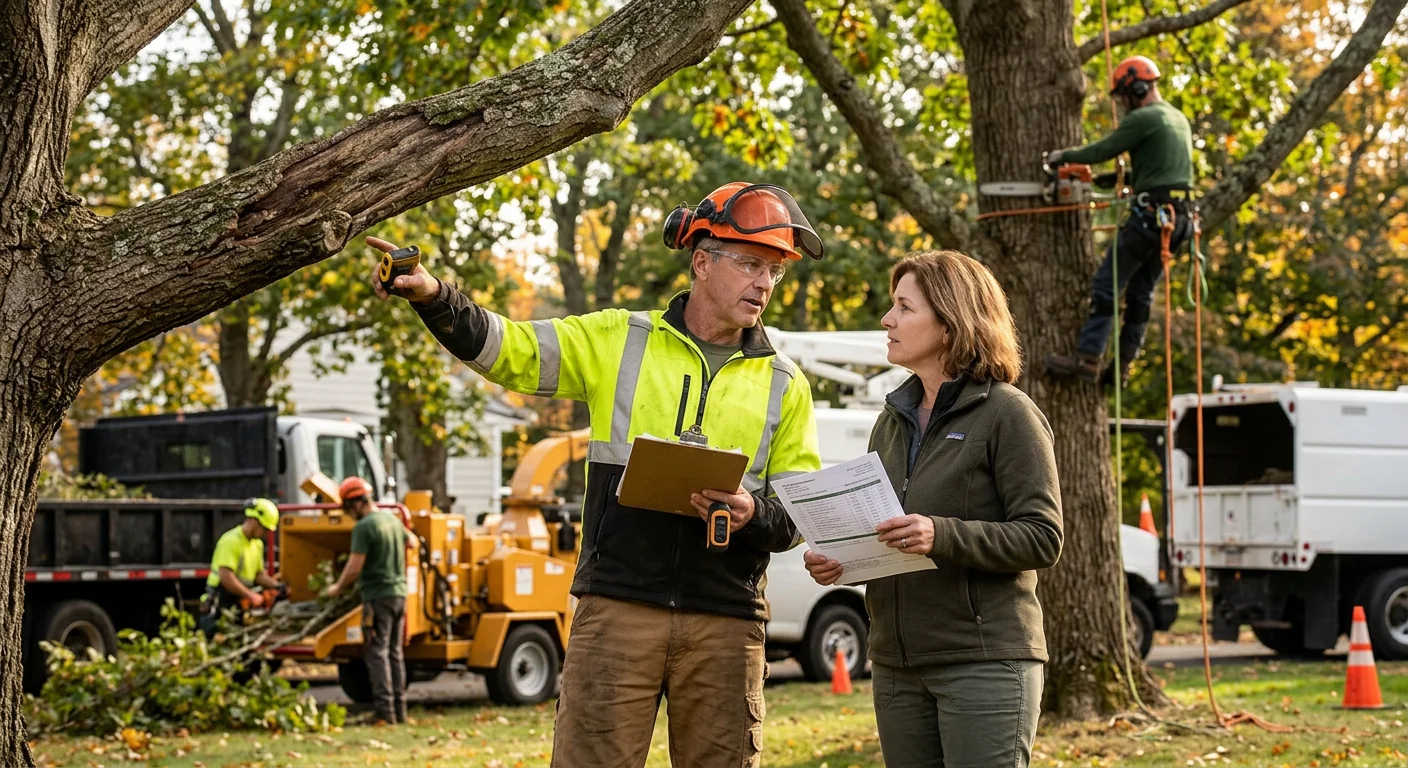 Arborist assessing a storm-damaged tree near a Milford home for emergency removal pricing
