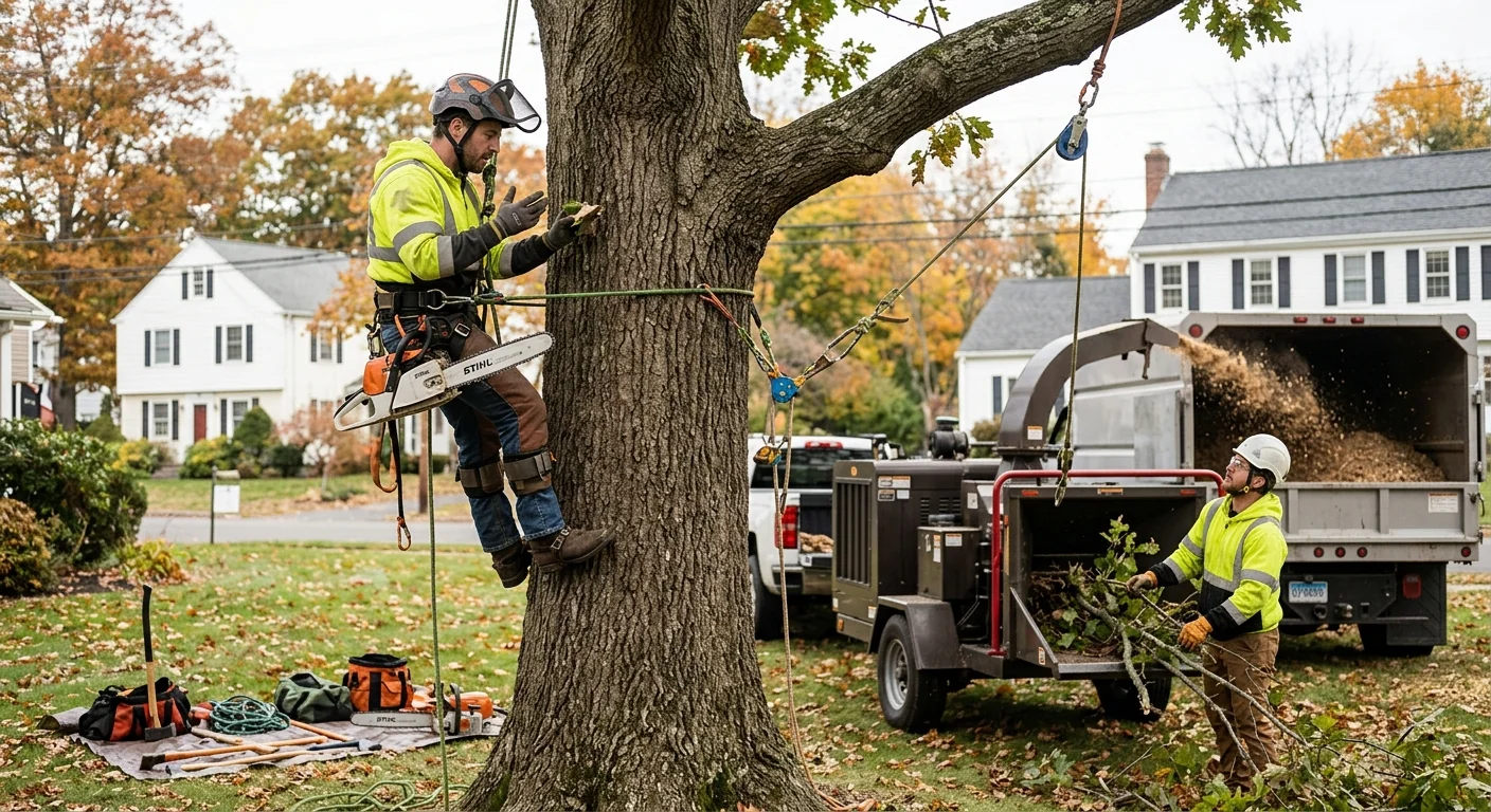 Tree crew clearing storm-damaged limbs from a Milford residential property