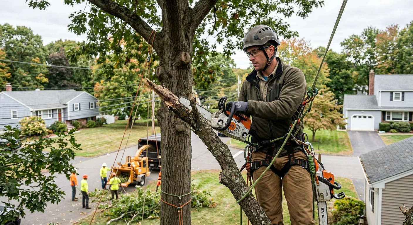 Tree crew clearing a storm-damaged trunk from a Milford property driveway
