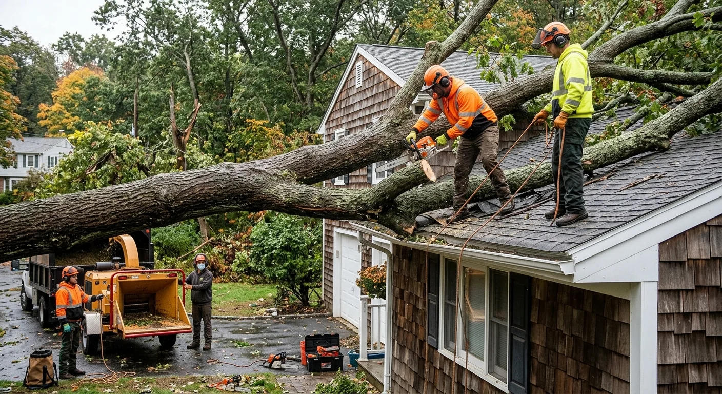 Large storm-fallen tree resting across a residential roof awaiting emergency removal in Milford