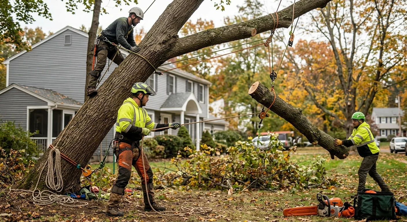 Arborist using rigging lines to lower a heavy limb section from a leaning trunk