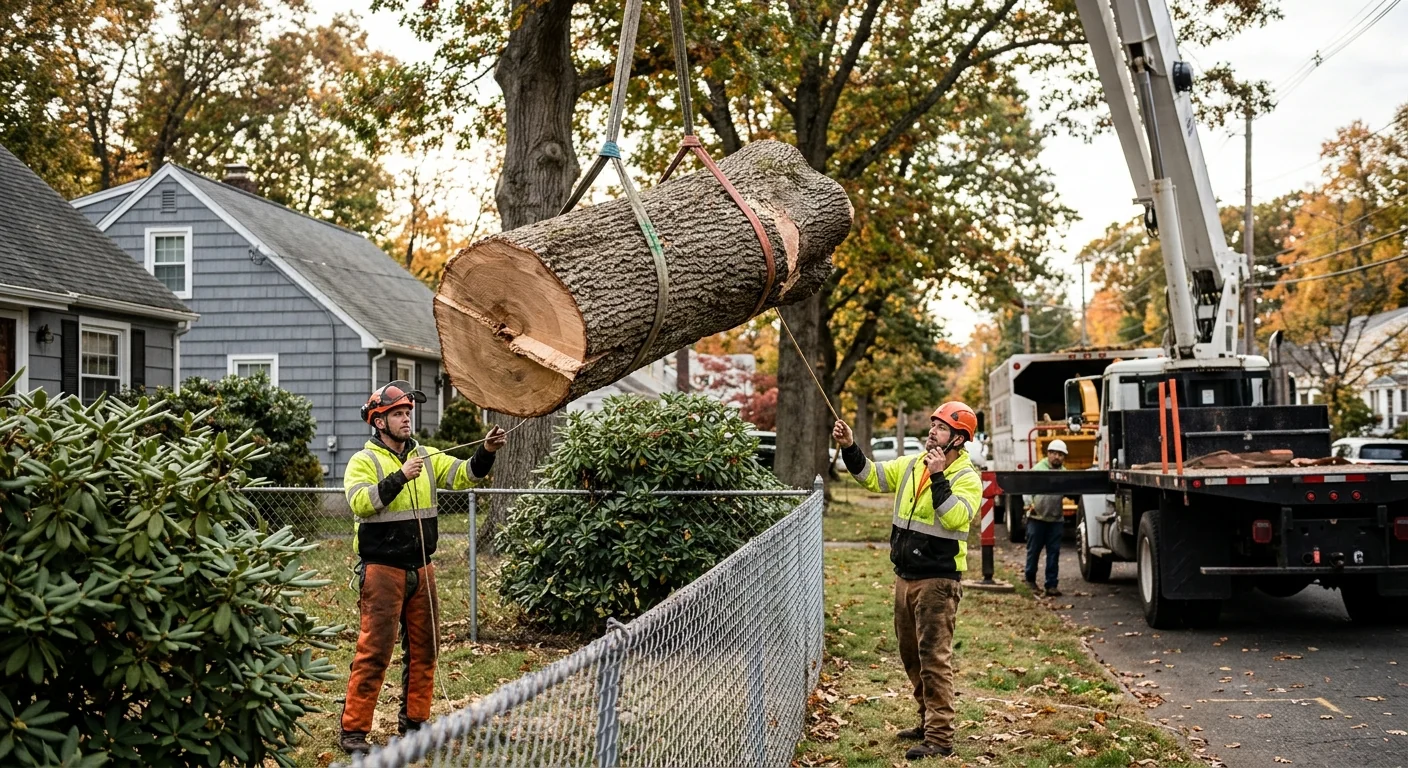 Crane lifting a severed trunk section over a fence line during emergency tree removal