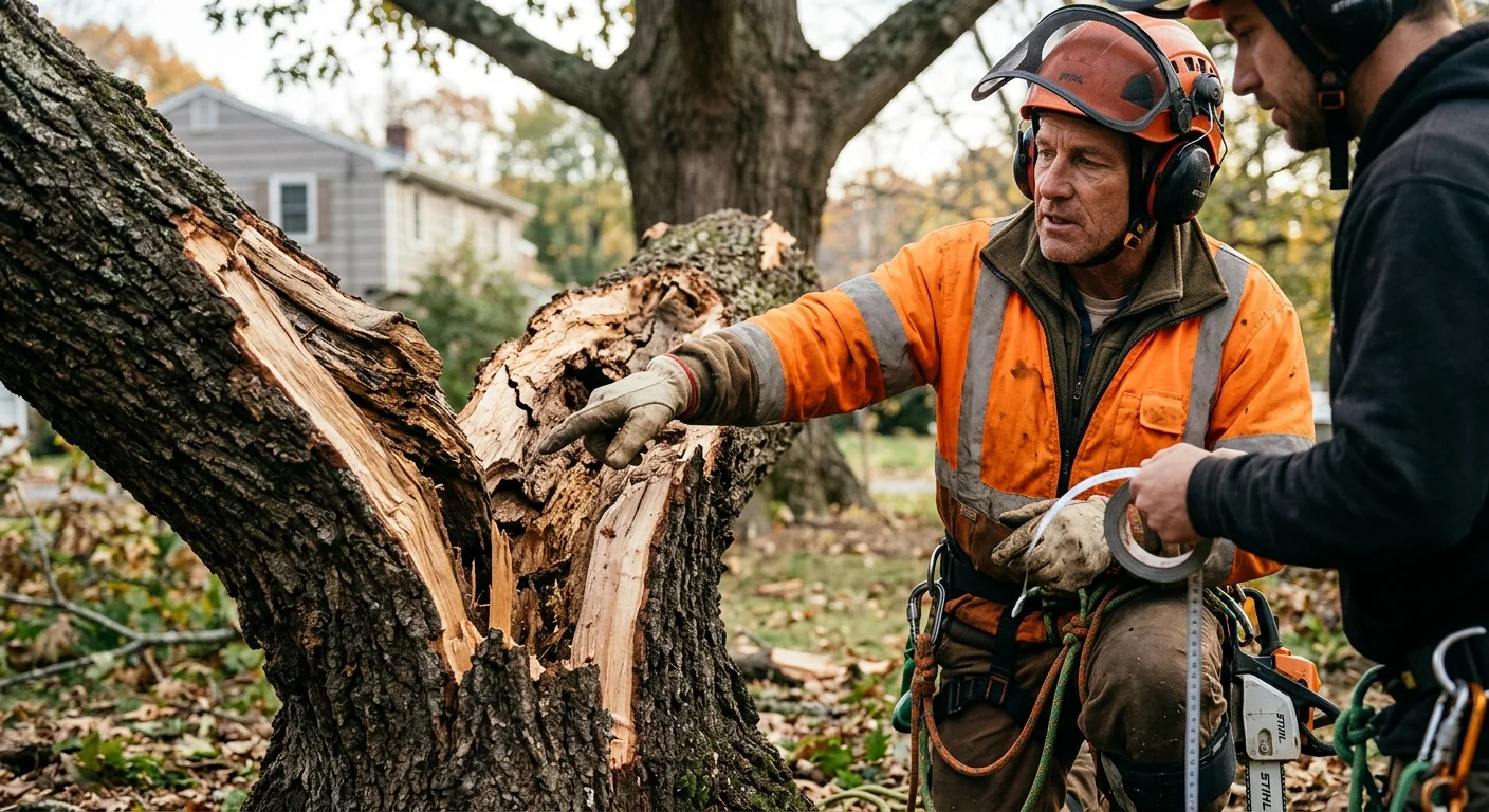 Close-up of a split trunk failure point being inspected before controlled dismantling
