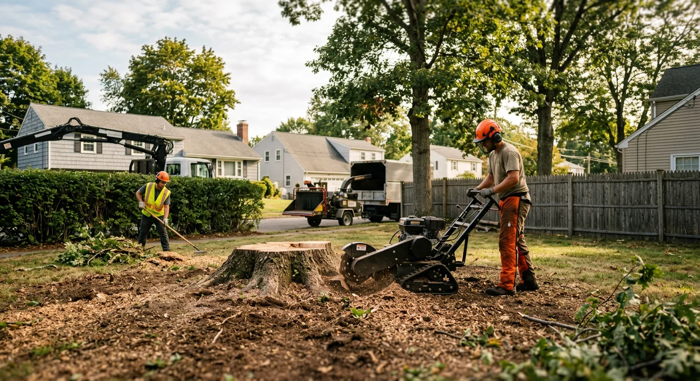 Wide shot of a cleared backyard after storm-damaged tree removal in a Milford neighborhood