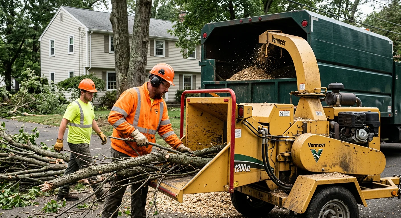 Wood chipper processing branches during emergency debris cleanup on a residential lot
