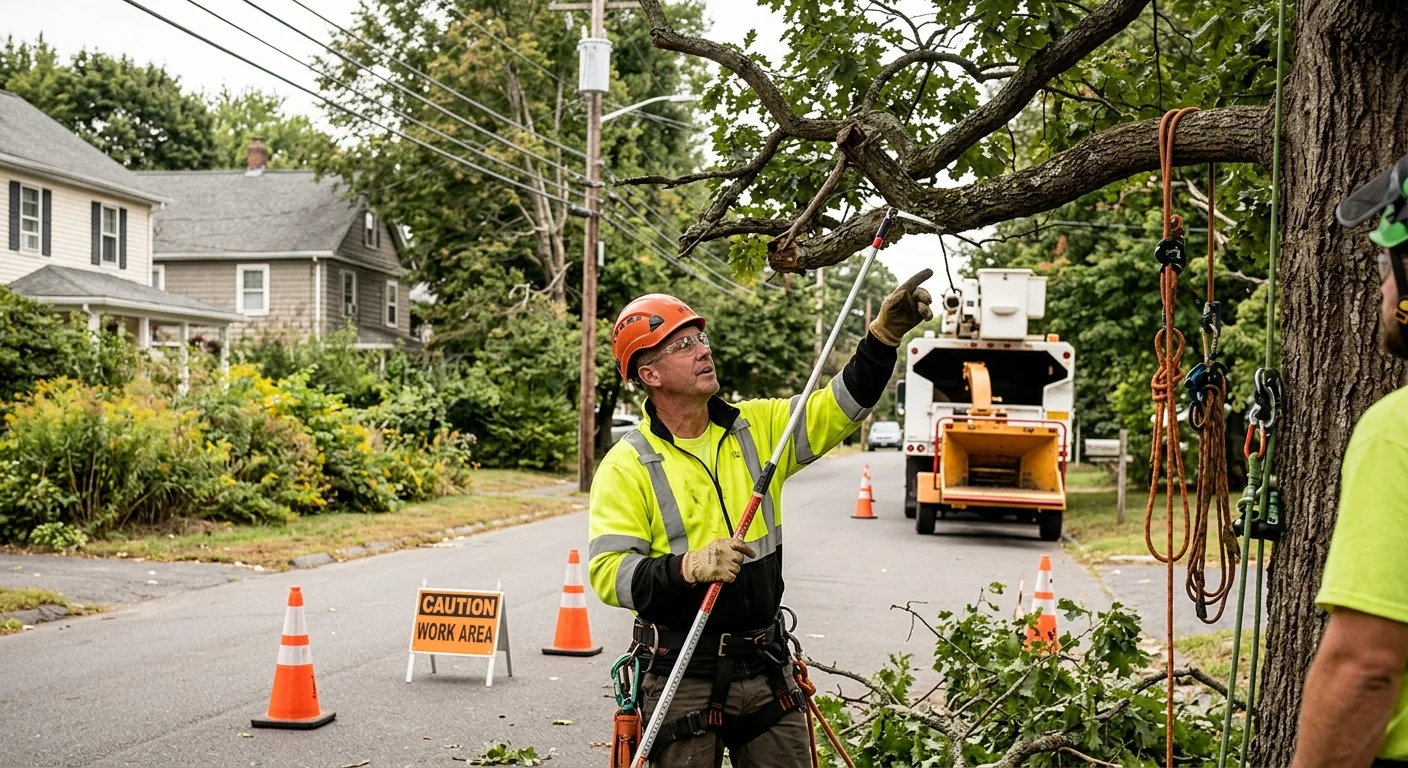Technician evaluating a tangled tree resting near power lines with safety cones in place