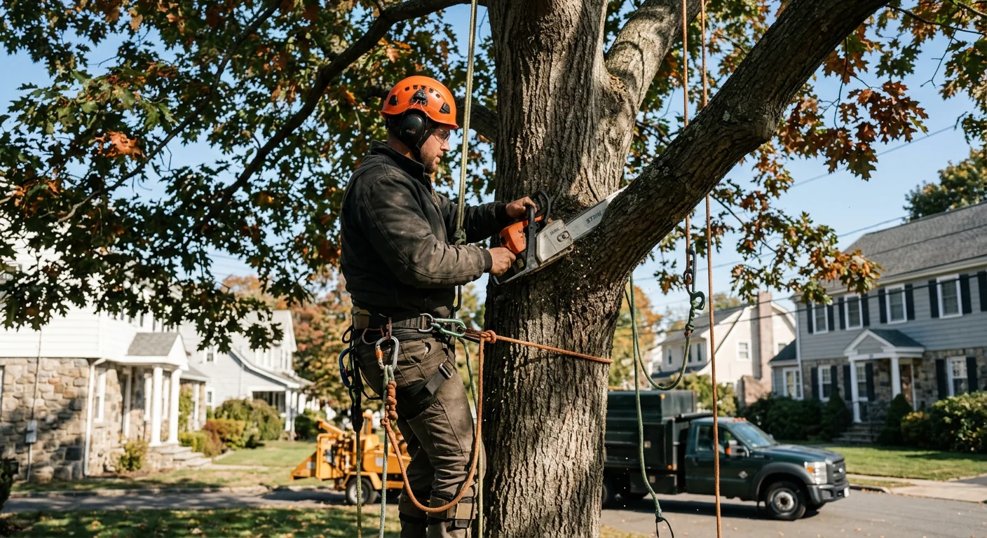 Tree service crew clearing storm-damaged limbs from a Milford residential property