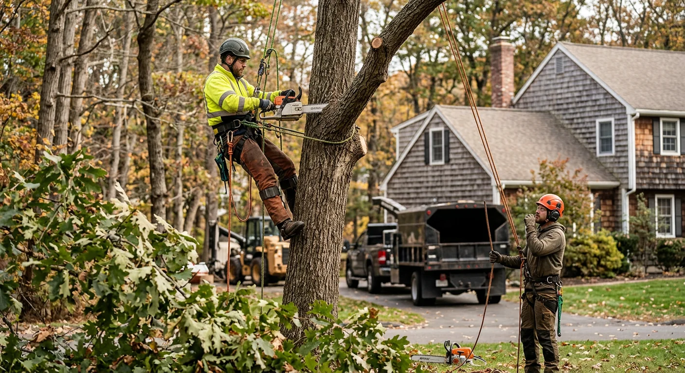 Arborist assessing a leaning hazardous tree near a Milford home