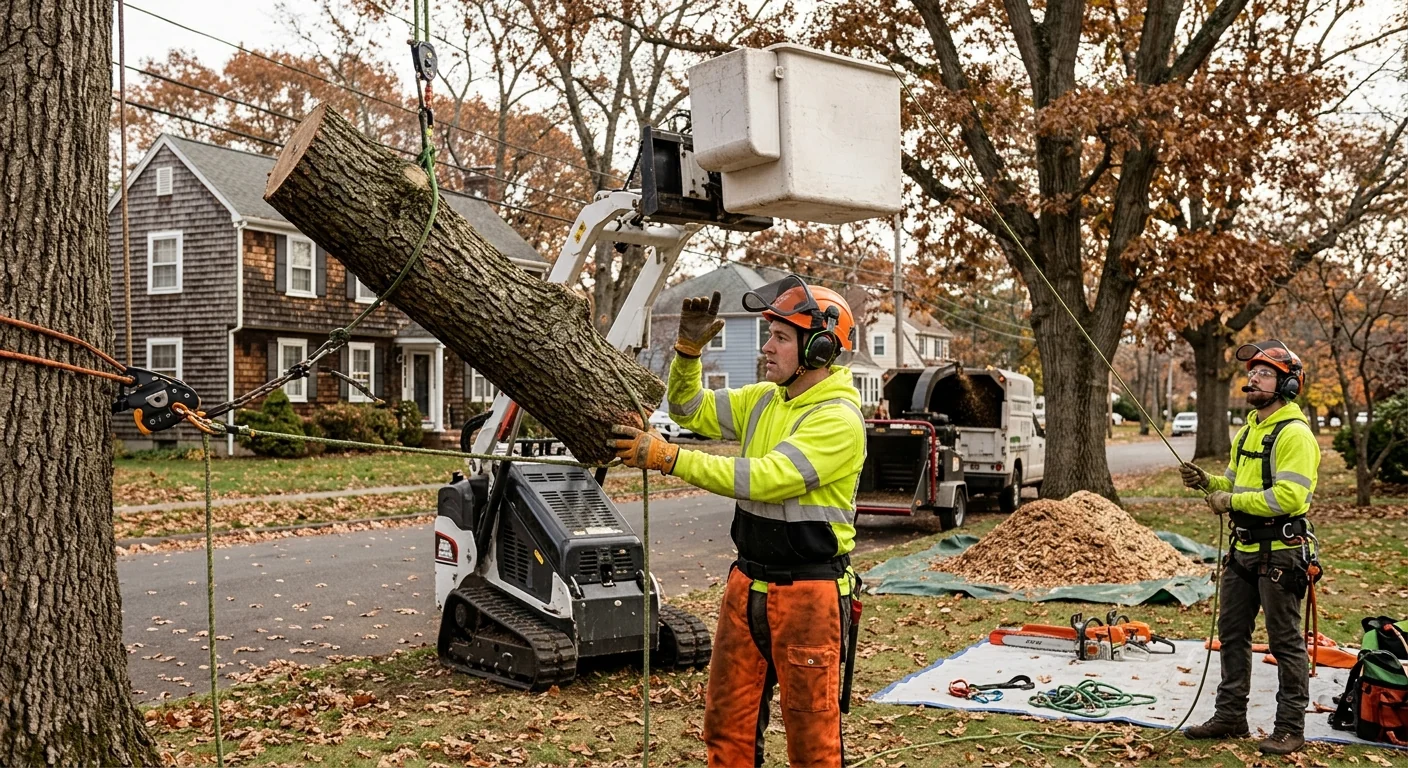 Certified technician using rigging lines to lower a hazardous tree limb in a Milford yard