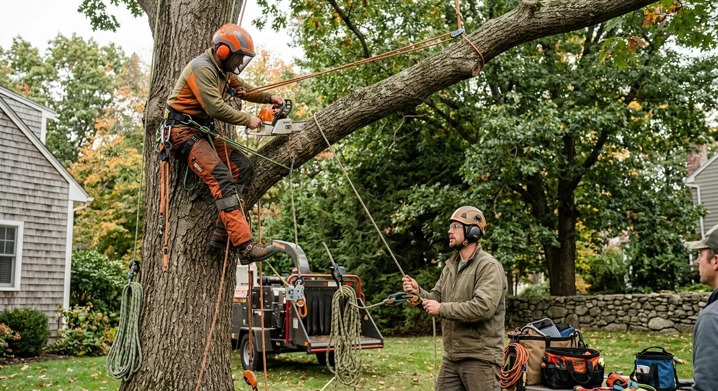 Leaning storm-damaged tree with cracked trunk near a Milford home requiring removal