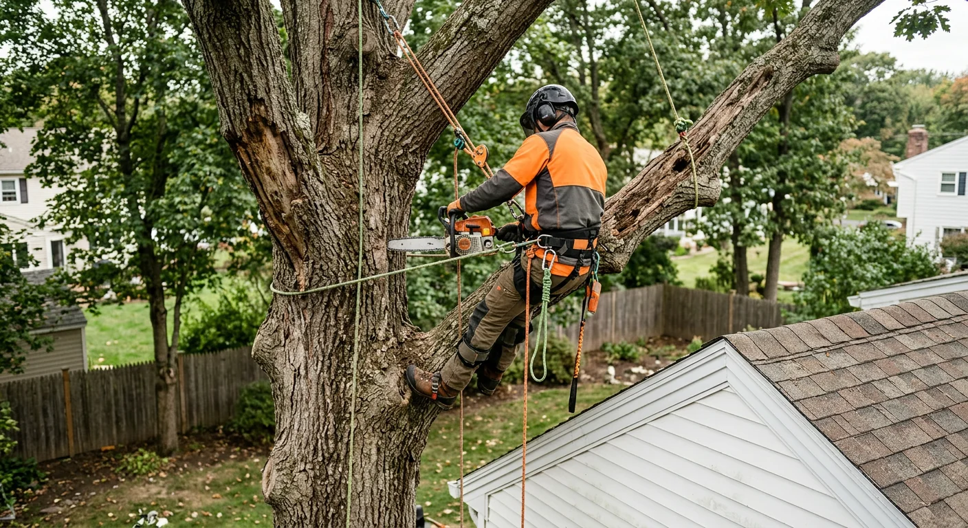 Certified climber sectionally dismantling a decayed oak near a Milford rooftop
