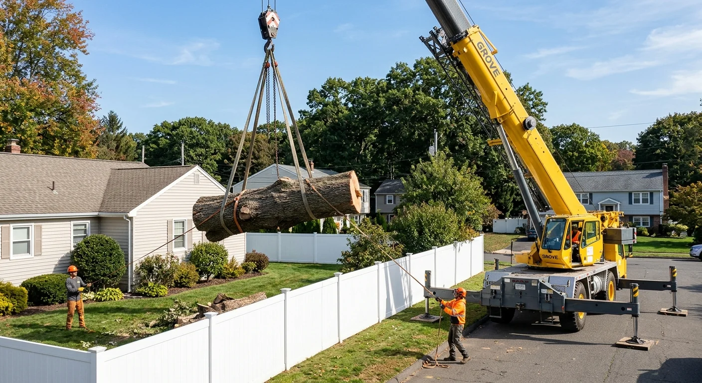 Crane lifting a large trunk section over a tight residential backyard