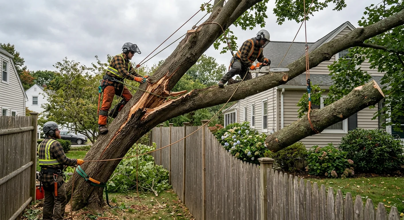 Storm-damaged maple leaning over a fence before hazardous removal