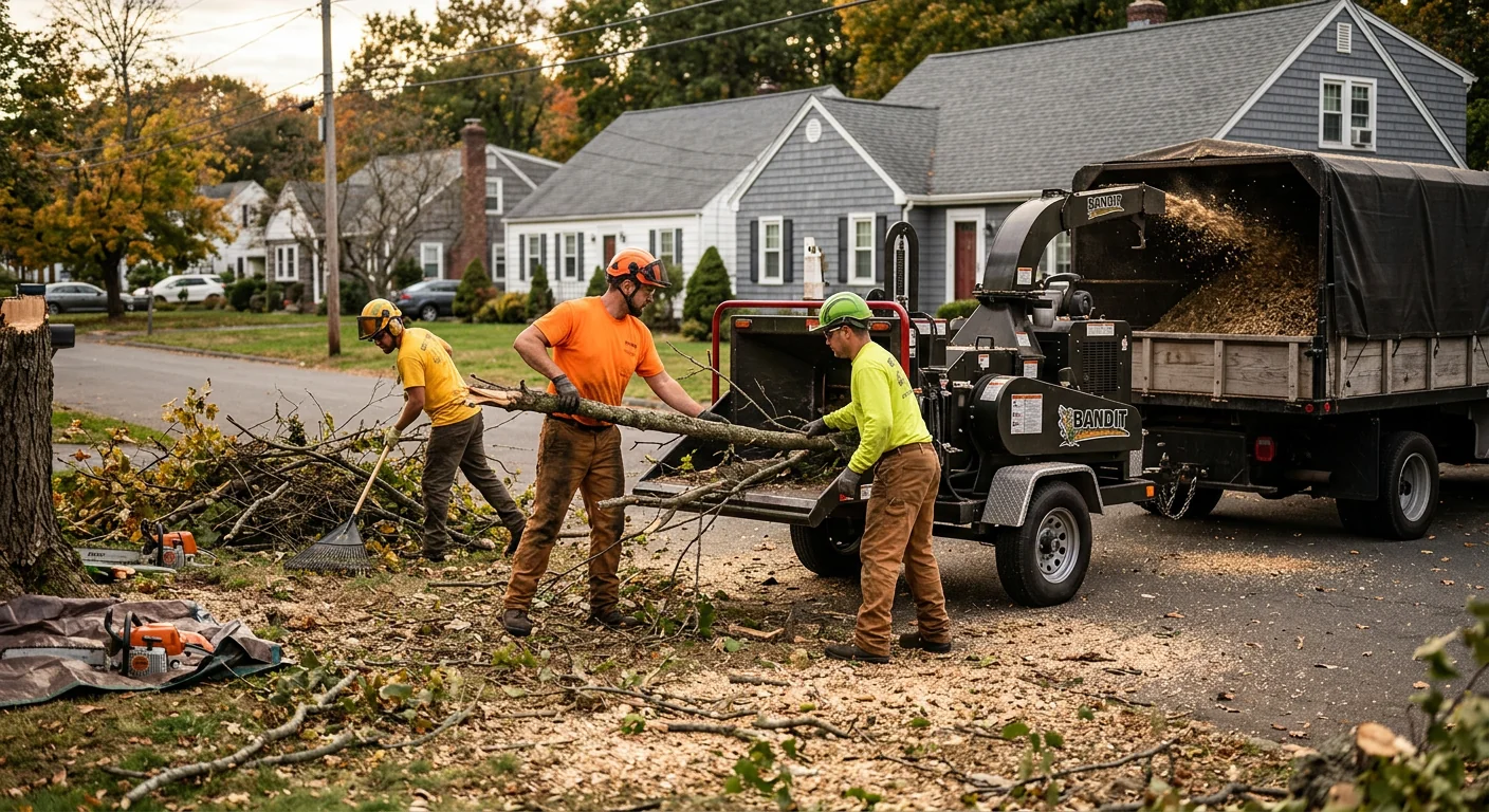 Ground crew chipping tree debris after a hazardous removal in Milford