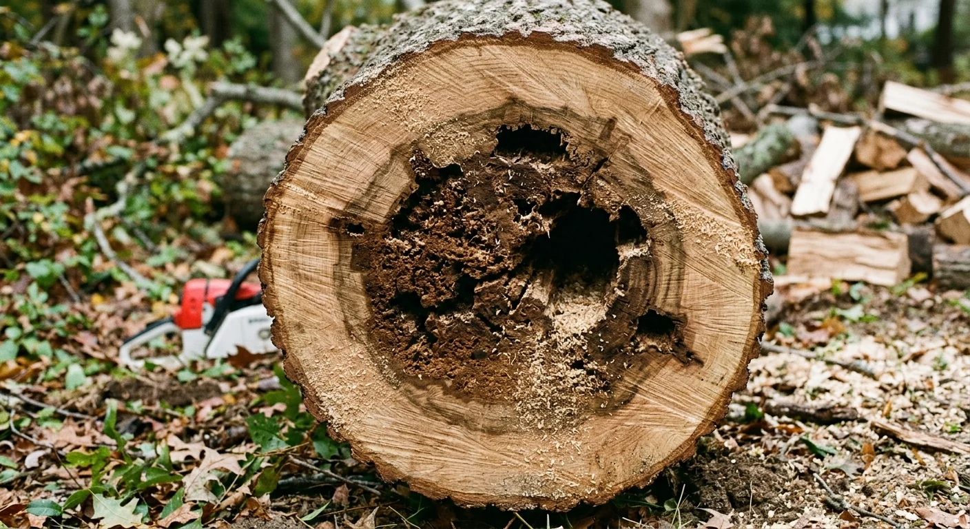 Close-up of decayed trunk cross-section showing internal rot