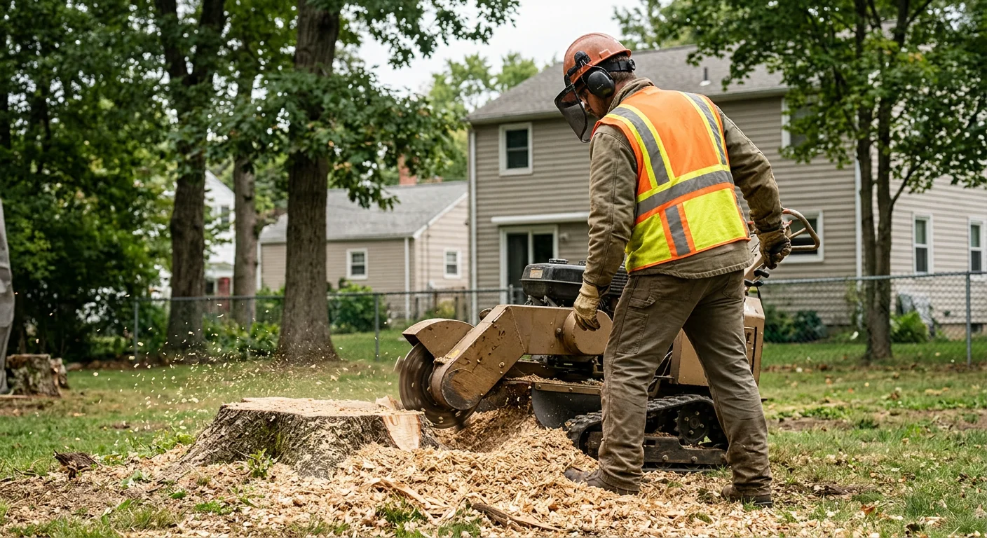 Stump grinding follow-up after hazardous tree removal in a Milford yard