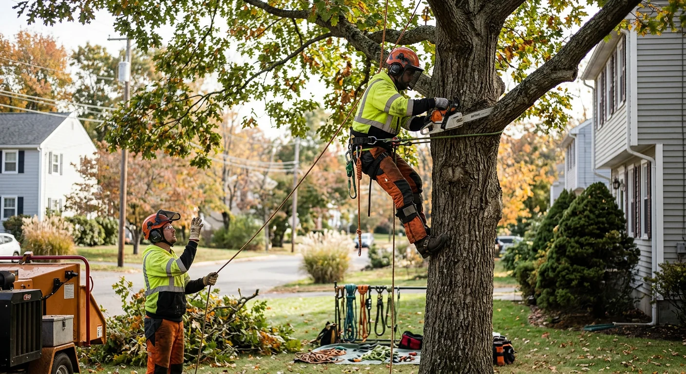 Arborist crew safely dismantling a hazardous leaning tree near a Milford home