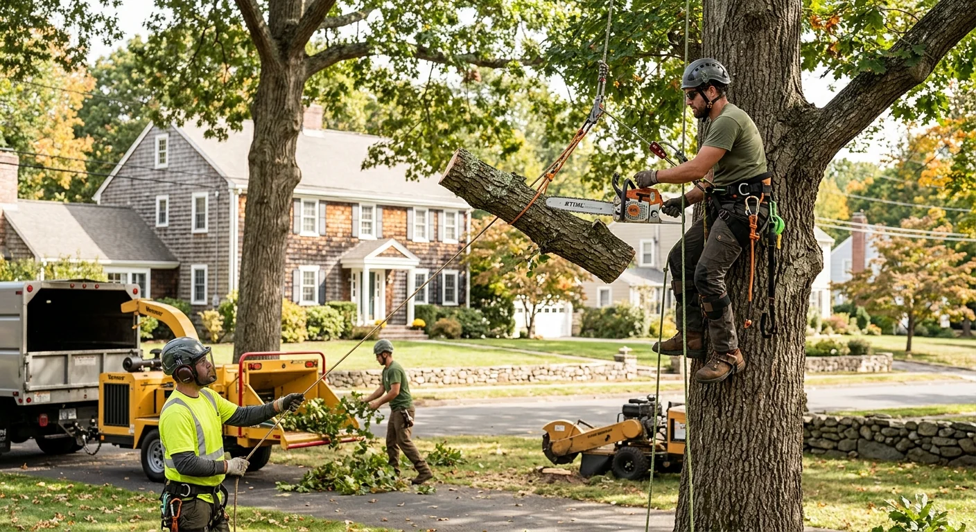 Crew clearing brush and trees from a wooded Milford residential lot