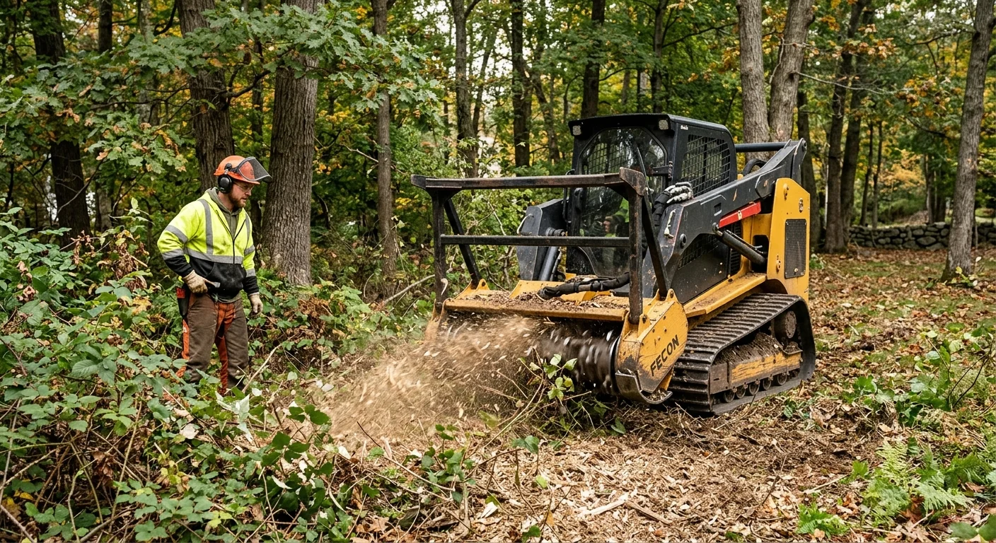 Tracked mulching machine removing dense underbrush on a wooded Milford parcel