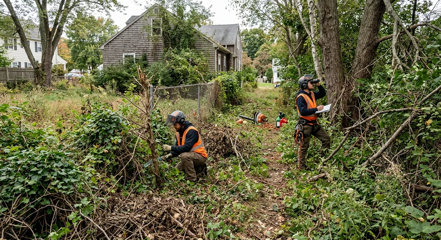 Before-context shot of overgrown residential lot awaiting clearing in Milford