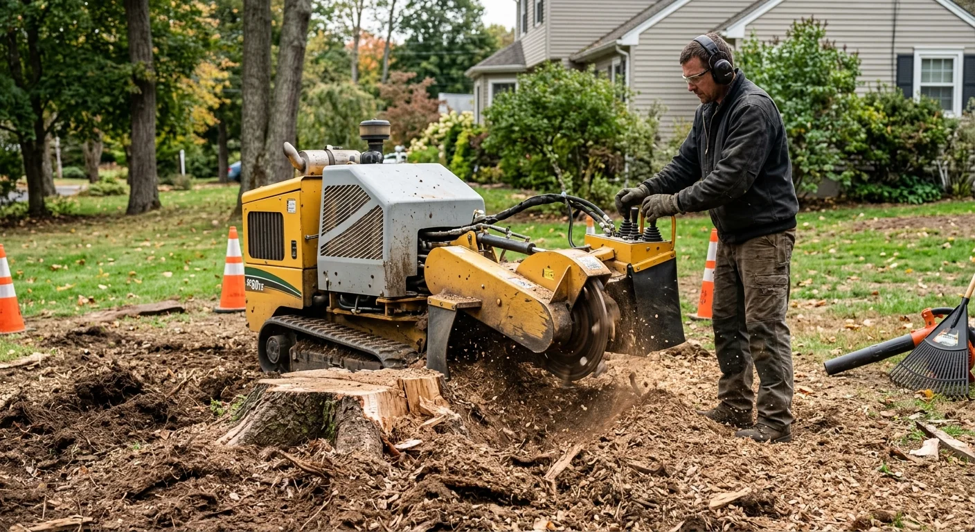 Stump grinder reducing a hardwood stump below grade on a cleared site