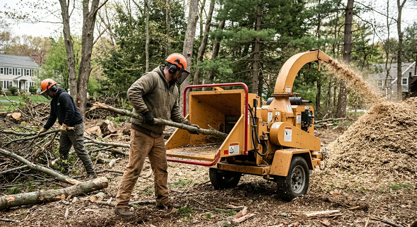 Chipper processing branches into mulch during lot clearing in Milford