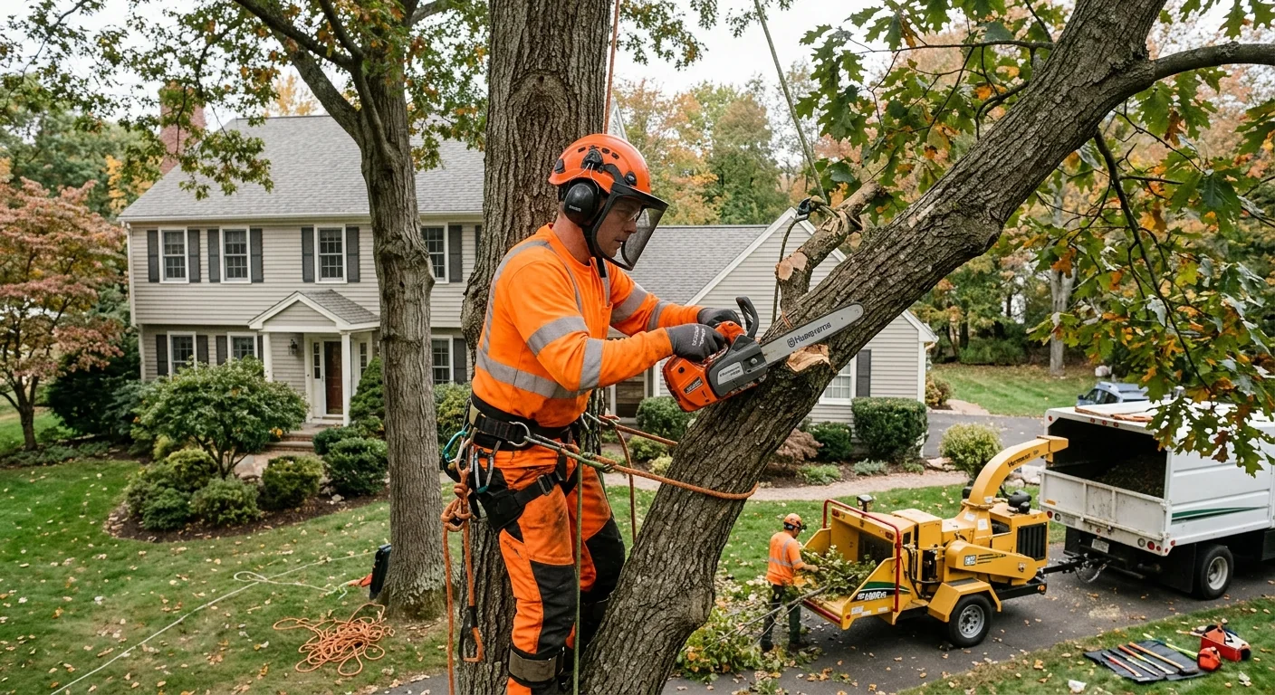 Crew operating mulching equipment during a land clearing project on a Milford lot