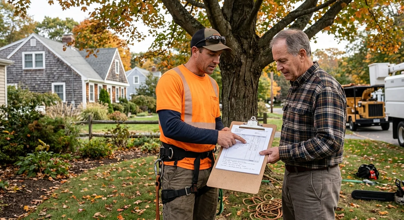 Arborist assessing fallen storm-damaged tree limbs in a Milford residential yard
