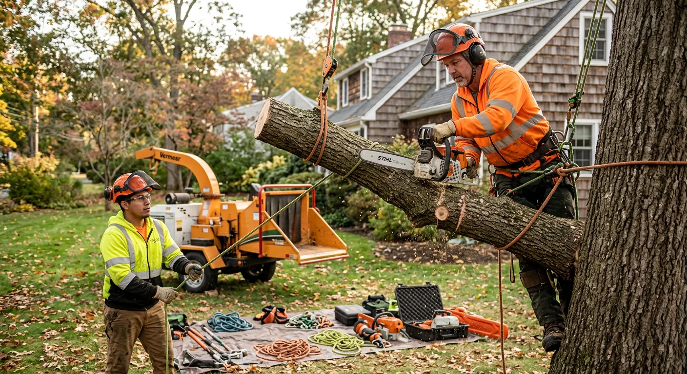 Tree crew clearing storm-damaged branches from a Milford residential yard