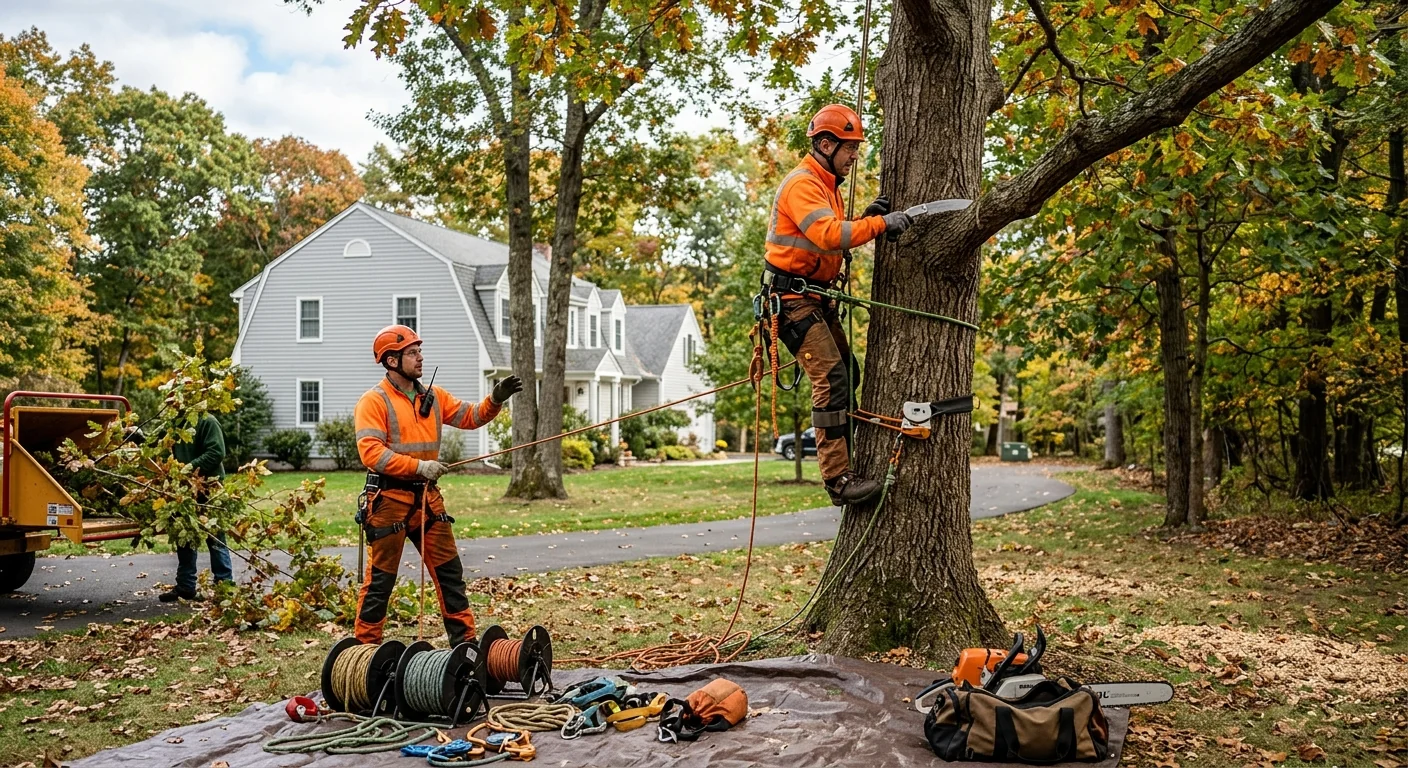 Tree crew clearing storm-damaged limbs from a Milford residential yard