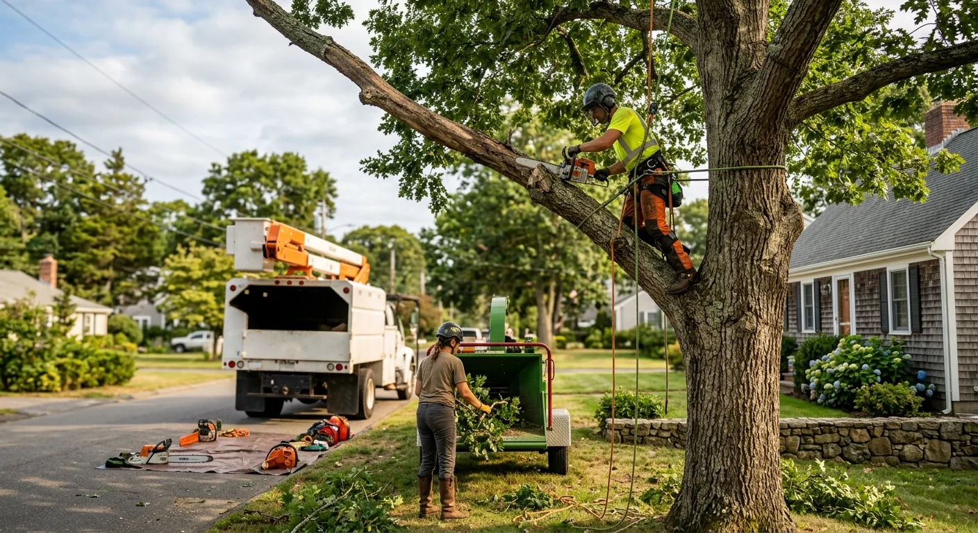 Storm-damaged tree leaning against a house roof in Milford after high winds