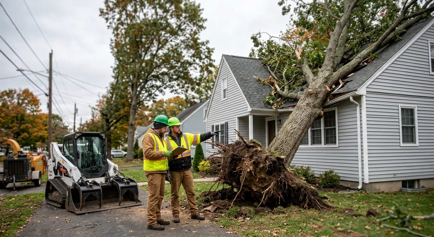 Uprooted oak resting on a rooftop before controlled storm cleanup in Milford