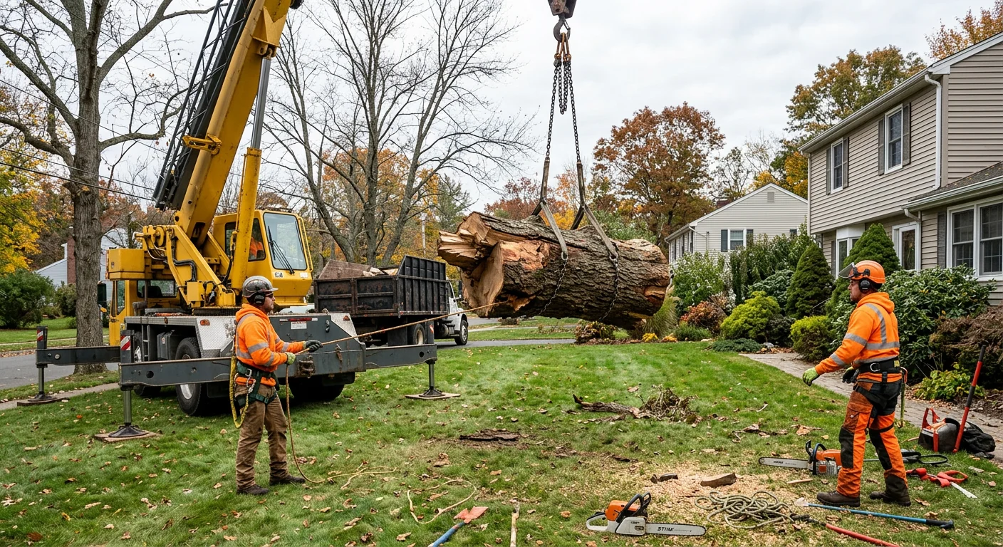 Crane lifting a heavy storm-damaged trunk section from a residential yard